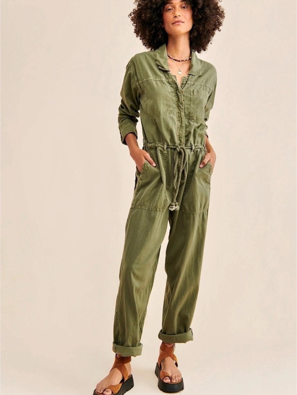 Free People Quinn Coveralls Jumpsuit Button Up Summer Washed Pine One